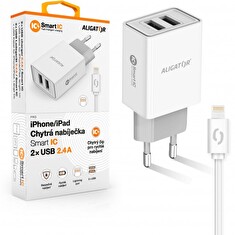 ALIGATOR Chytrá síťová nabíječka 2,4A, 2xUSB, smart IC, bílá, USB kabel pro iPhone/iPad