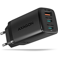 AXAGON ACU-DPQ65, GaN nabíječka do sítě 65W, 3x port (USB-A + dual USB-C), PD3.0/QC4+/PPS/Apple