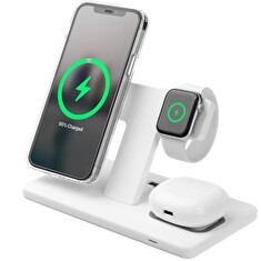 Stojánek FIXED MagPowerstation s bezdrátovým nabíjením 3 v 1 a uchycení Magsafe, 15W + 15W + 15W, bílý