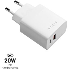 Nabíječka FIXED síťová s USB-C a USB výstupem, podpora PD a QC 3.0, 20W, bílá