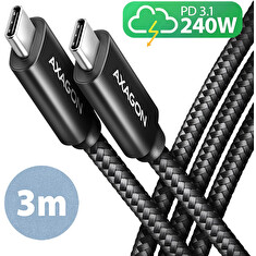 AXAGON BUCM2-CM30AB, CHARGE kabel USB-C <-> USB-C, 3m, Hi-Speed USB, PD 240W 5A, ALU, oplet, černý