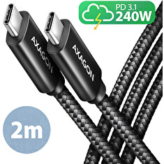 AXAGON BUCM2-CM20AB, CHARGE kabel USB-C <-> USB-C, 2m, Hi-Speed USB, PD 240W 5A, ALU, oplet, černý