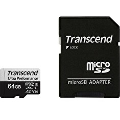 Transcend 64GB microSDXC 340S UHS-I U3 V30 A2 3D TLC (Class 10) paměťová karta (s adaptérem), 160MB/s R, 80MB/s W