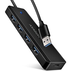 Axagon HUE-C1A cestovní čtyřportový USB-A 5Gbps hub/USB-C konektor pro externí napájení/kabel 19 cm