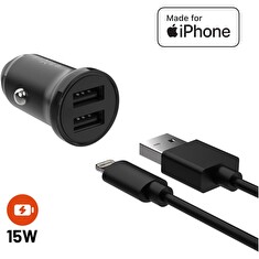 Set FIXED autonabíječky s 2xUSB výstupem a USB/Lightning kabelu, 1 metr, MFi certifikace, 15W Smart Rapid Charge, černá