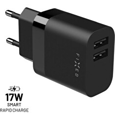 Síťová nabíječka FIXED s 2xUSB výstupem, 17W Smart Rapid Charge, černá