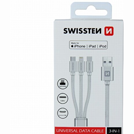 SWISSTEN DATOVÝ KABEL TEXTILE 3in1 MFi 1,2 M STŘÍBRNÝ