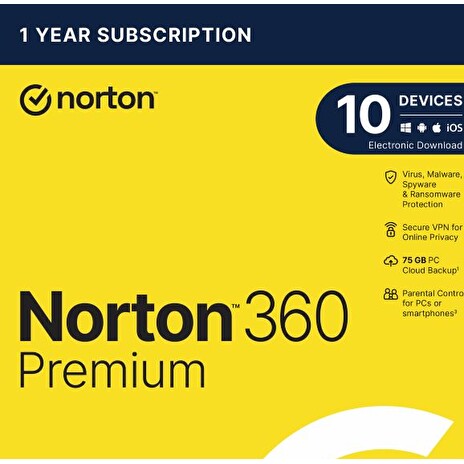 NORTON 360 PREMIUM 75GB +VPN 1 uživatel pro 10 zařízení na 1rok