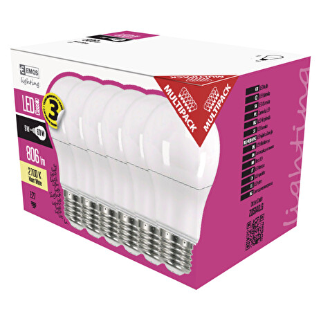 Emos AKCE 6x LED žárovka A60, 9W/60W E27, WW teplá bílá, 806 lm, Classic A+