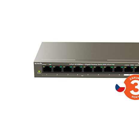 Tenda TEF1110P-8-102W - PoE AT Switch 102Watt, 10xRJ45 Switch s 8x 10/100 Mbps PoE, 2x Gigabit Uplink, Fanless, Kov