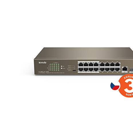 Tenda TEF1118P-16-150W - PoE AT Switch 135Watt, 17xRJ45 Switch s 16x 10/100 Mbps PoE, 1x Gigabit Uplink RJ45/SFP, Fanless, Kov
