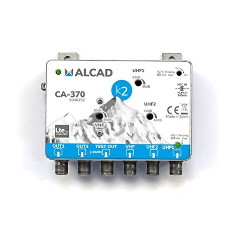 Anténní zesilovač ALCAD CA370, malý domovní, 1 x (VHF I, FM, DAB) G18 až 28dB, 2 x UHF G38dB