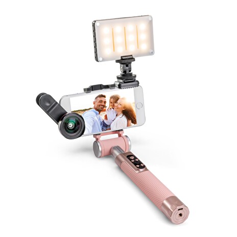 Balíček Miggo PICTAR čočka Smart 16mm, LED světlo a Selfie tyč růžová