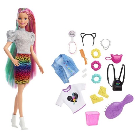 Panenka Mattel Barbie Leopardí s duhovými vlasy a doplňky