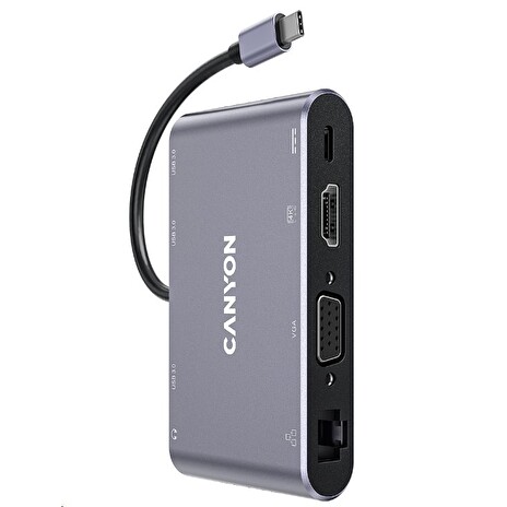 CANYON replikátor portů DS-14 8v1, 1xUSB-C PD 100W, 1xHDMI (4K), VGA, 3xUSB-A 3.0, RJ45 Gb, 3.5mm jack