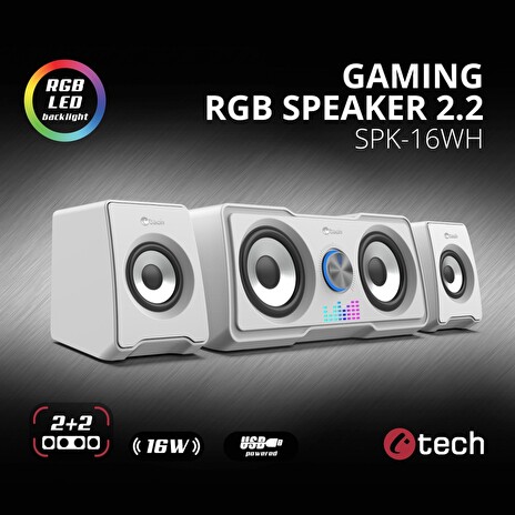C-TECH reproduktory SPK-16, 2.2, 16W, RGB podsvícení, 3,5mm jack, USB napájení, bílé