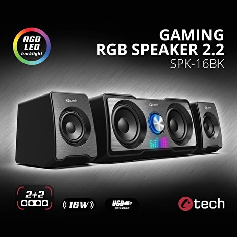 C-TECH reproduktory SPK-16, 2.2, 16W, RGB podsvícení, 3,5mm jack, USB napájení, černé