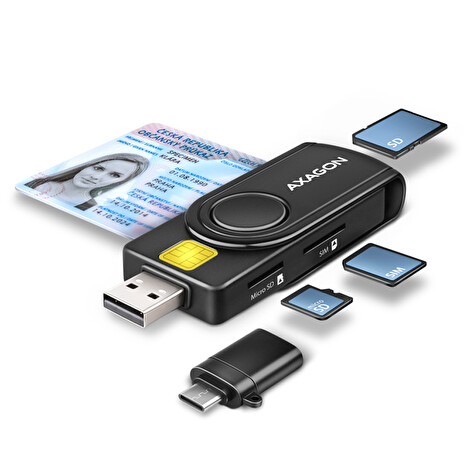AXAGON CRE-SMP2A, USB-A + USB-C PocketReader 4-slot čtečka Smart card (eObčanka) + SD/microSD/SIM