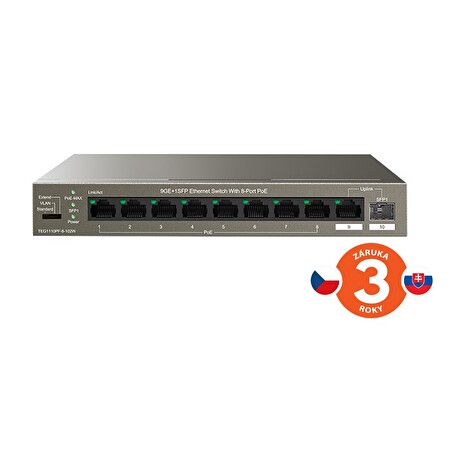 Tenda TEG1110PF-8-102W PoE AT switch 8xPoE 802.3af/at + Uplink RJ45 + SFP port, 92W, PoE+, fanless