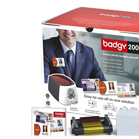 BADGY 200, Card Printer, barevná tiskárna karet, podavač, výstupní zásobník, tisk po celé ploše, USB