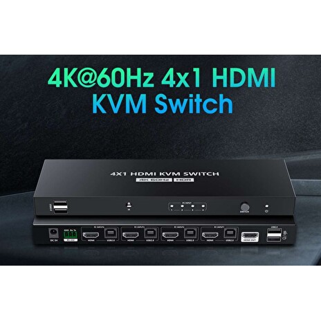 PremiumCord 4K@60Hz HDMI2.0 KVM switch 4:1 s dálkovým ovladačem