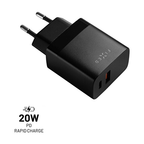 Nabíječka FIXED síťová s USB-C a USB výstupem, podpora PD a QC 3.0, 20W, černá