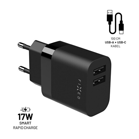 Set FIXED síťové nabíječky s 2xUSB výstupem a USB/USB-C kabelem, 1 metr, 17W Smart Rapid Charge, černá