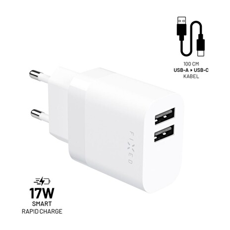Set FIXED síťové nabíječky s 2xUSB výstupem a USB/USB-C kabelem, 1 metr, 17W Smart Rapid Charge, bílá