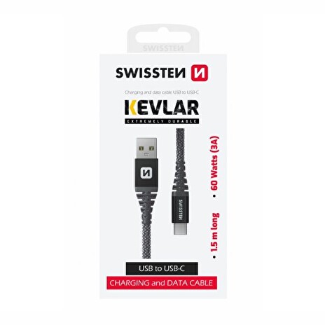 SWISSTEN DATOVÝ KABEL KEVLAR USB / USB-C 1,5 M ANTRACIT