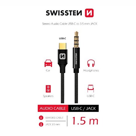 SWISSTEN AUDIO ADAPTÉR TEXTILE USB-C (samec)/3,5 mm JACK (samec) 1,5M ČERNÝ