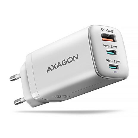 AXAGON ACU-DPQ65W, GaN nabíječka do sítě 65W, 3x port (USB-A + dual USB-C), PD3.0/QC4+/PPS/Apple