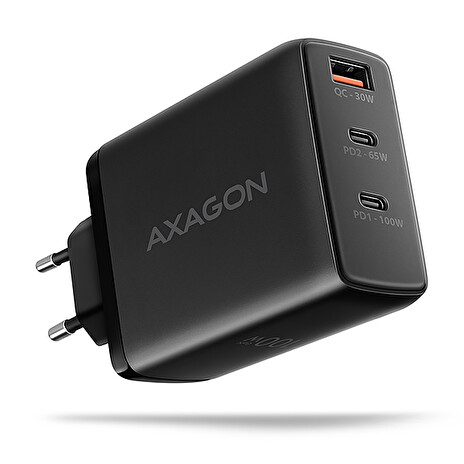 AXAGON ACU-DPQ100, GaN nabíječka do sítě 100W, 3x port (USB-A + dual USB-C), PD3.0/PPS/QC4+/Apple