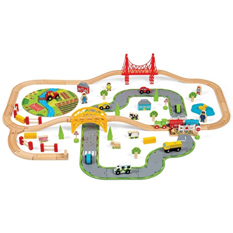 Vláčkodráha Bigjigs Rail dřevěná s venkovskou cestou 80 dílů