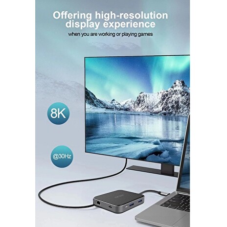 Acer 7in1 USB4 8K Multi Display hub: 1x HDMI (až 8K@30Hz), 1x Display Port (až 8K@30Hz), 1x USB-C (Data Transfer až 40Gb