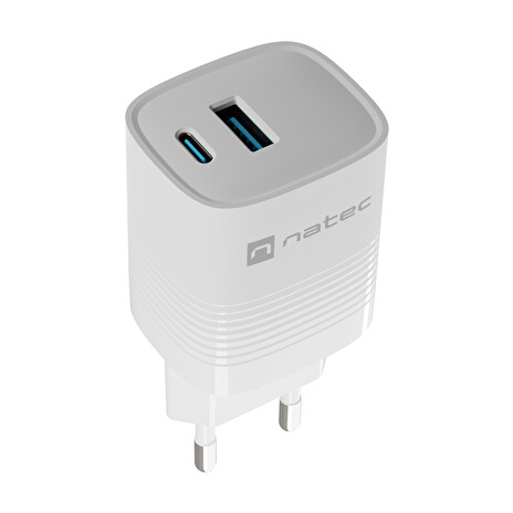 Universální USB nabíječka Natec RIBERA GaN 30W, 1X USB-A, 1X USB-C, Bílá