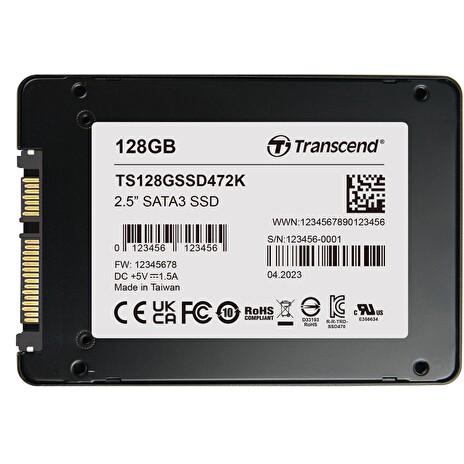 TRANSCEND SSD472K 128GB Industrial (3K P/E) SSD disk 2.5" SATA3, 3D TLC, BiCS5, 560MB/s R, 520 MB/s W, černý