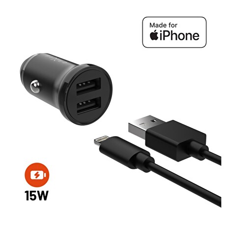 Set FIXED autonabíječky s 2xUSB výstupem a USB/Lightning kabelu, 1 metr, MFi certifikace, 15W Smart Rapid Charge, černá