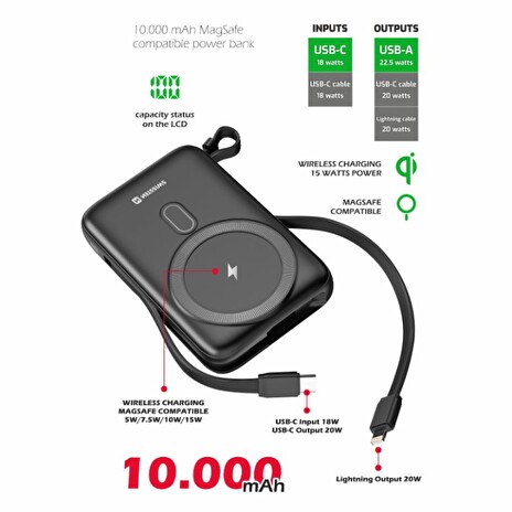 SWISSTEN POWER BANK 10000 mAh PD 20W S INTEGROVANÝMI KABELY USB-C A LIGHTNING (kompatibilní s MagSafe)