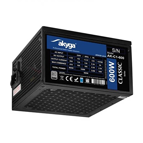 Akyga PC zdroj ATX 600W P4+4 2x PCI-E 6+2 pin 5x SATA 3x Molex APFC 120mm