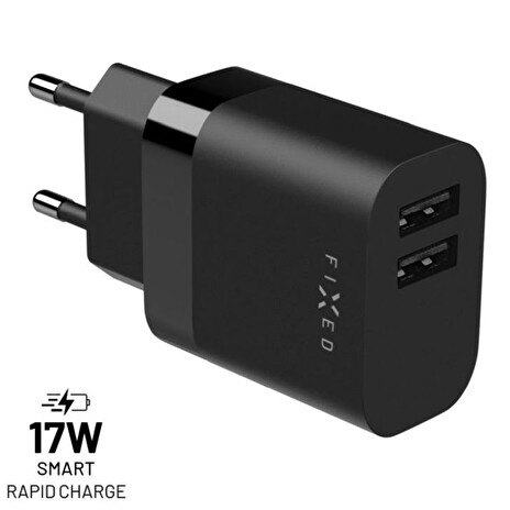 Síťová nabíječka FIXED s 2xUSB výstupem, 17W Smart Rapid Charge, černá