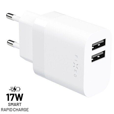 Síťová nabíječka FIXED s 2xUSB výstupem, 17W Smart Rapid Charge, bílá