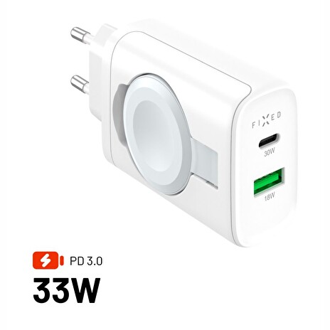 Nabíječka FIXED Power Socket s USB-A a USB-C výstupem a vyklápěcí nabíječkou pro Apple Watch, 33W, bílá, síťová