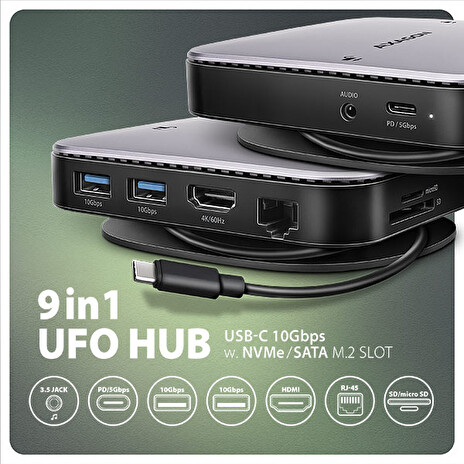 AXAGON HMC-UFO, USB 10Gbps hub, 2x USB-A, USB-C, HDMI 4k/60, RJ-45, M.2 slot, SD/mSD, audio, PD