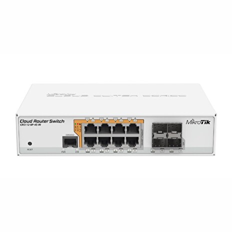 Router Mikrotik CRS112-8P-4S-IN with QCA8511 128MB, 8xGLAN w PoE-out, 4xSFP, ROS L5, desktop case, PSU