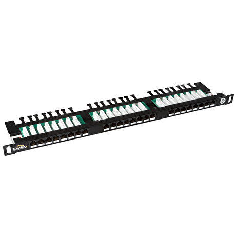 19" patch panel Solarix 24xRJ45 CAT5E UTP s vyvazovací lištou černý 0,5U SX24HD-5E-UTP-BK
