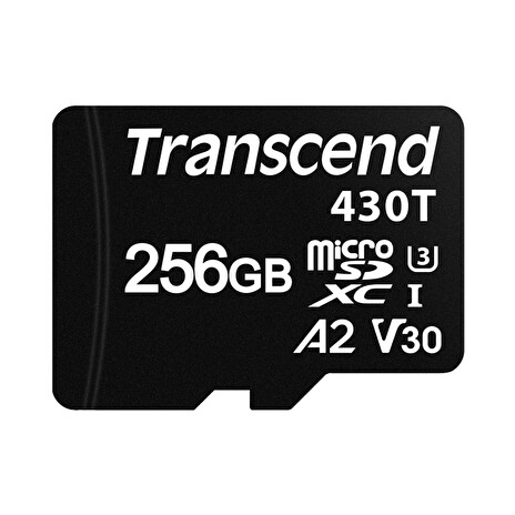 Transcend 256GB microSDXC430T UHS-I U3 (Class 10) V30 A2 3K P/E paměťová karta, 100MB/s R, 70MB/s W, černá, tray balení