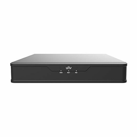 Uniview NVR, 4 PoE (Max 54W) +2 kanály (6 nahrávání), H.265, 1x HDD, max 8Mpx, (in/out) 64/48 Mbps, VGA/HDMI/LAN/SATA