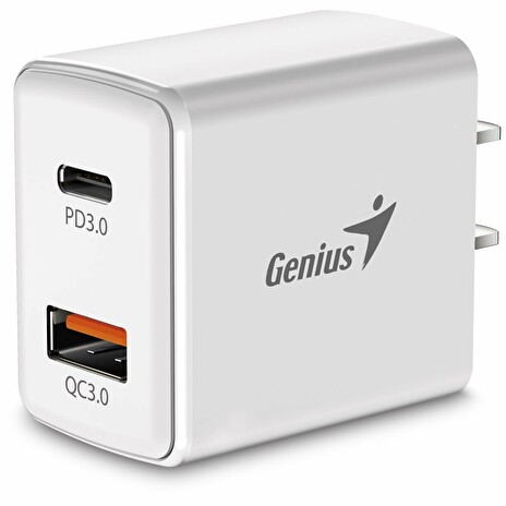 Genius PD-20AC, Napájecí adaptér, síťová nabíječka, 1× USB, 1× USB-C, 3A, Quick Charge 3.0, PD 3.0, 20W,100–240V, Bílá